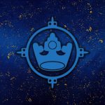 A light blue crown in a circle with a dark blue background flecked with gold