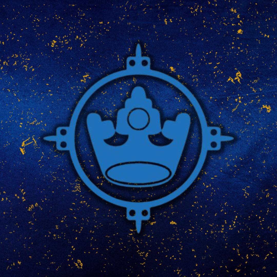 A light blue crown in a circle with a dark blue background flecked with gold